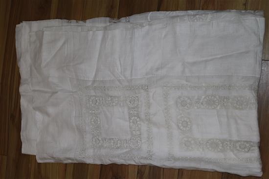 A Chinese silk panel, a Chinese table cloth and a silk panel